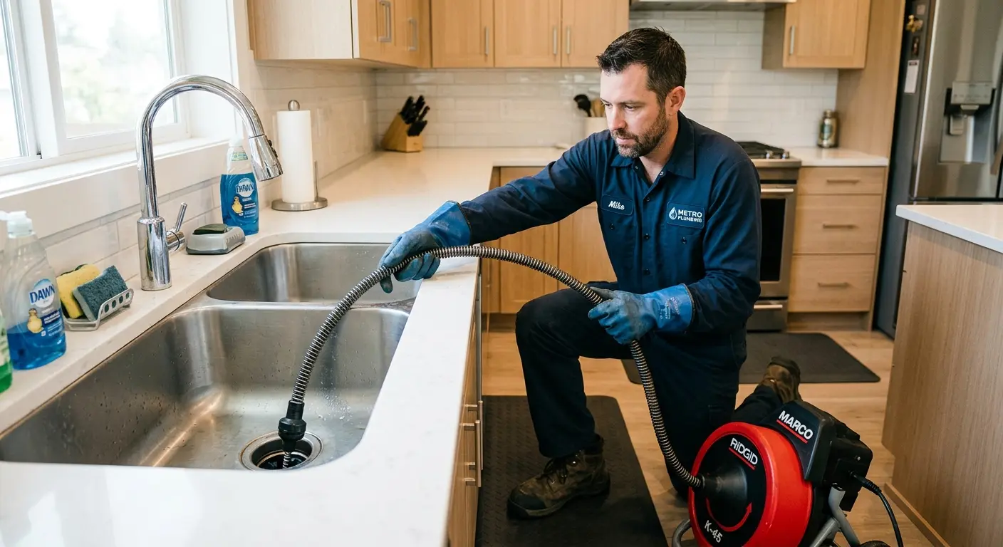 Drain cleaning technician using a motorized snake on a kitchen sink in Chickasaw