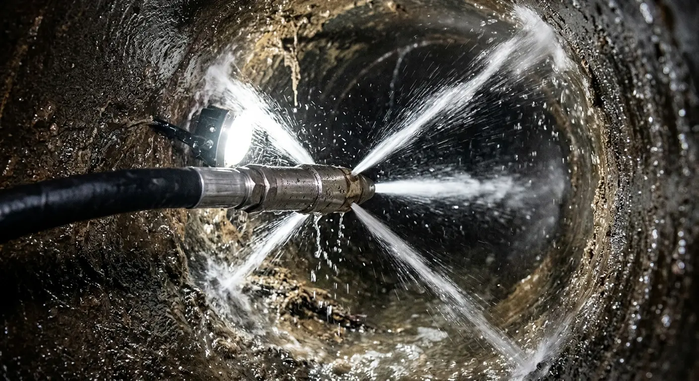 High-pressure hydro jetting nozzle cleaning sewer pipe for Sewer Cleanout in Chickasaw