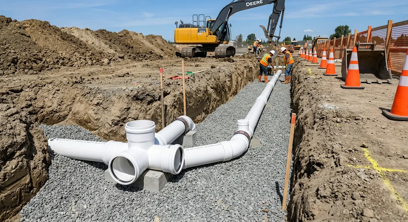 New PVC sewer pipe installation in open trench for Commercial Drain Cleaning in Chickasaw