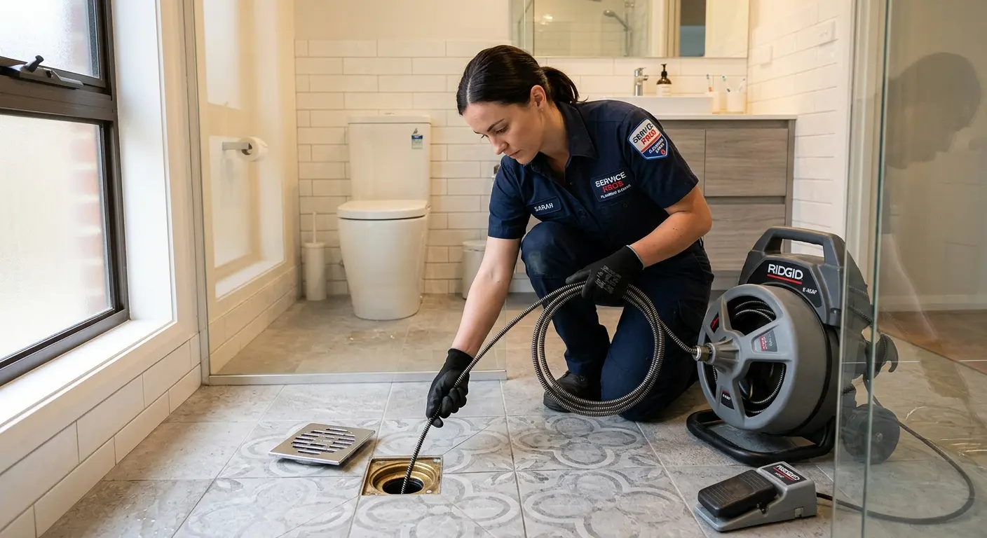 Technician clearing a bathroom floor drain for Hydro Jetting in Chickasaw